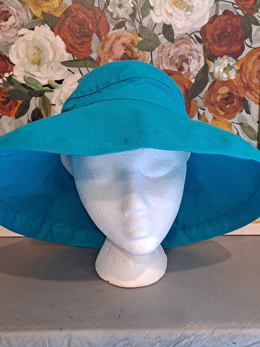 Scala Collezione Blue Wide-Brim Bucket Sun Hat Cotton Linen W/Drawstring NWT